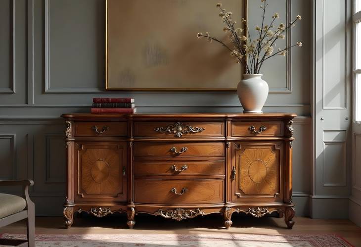 Stylish Antique Cabinet Shelf for Books with Gold Handles Against a Gray Wall